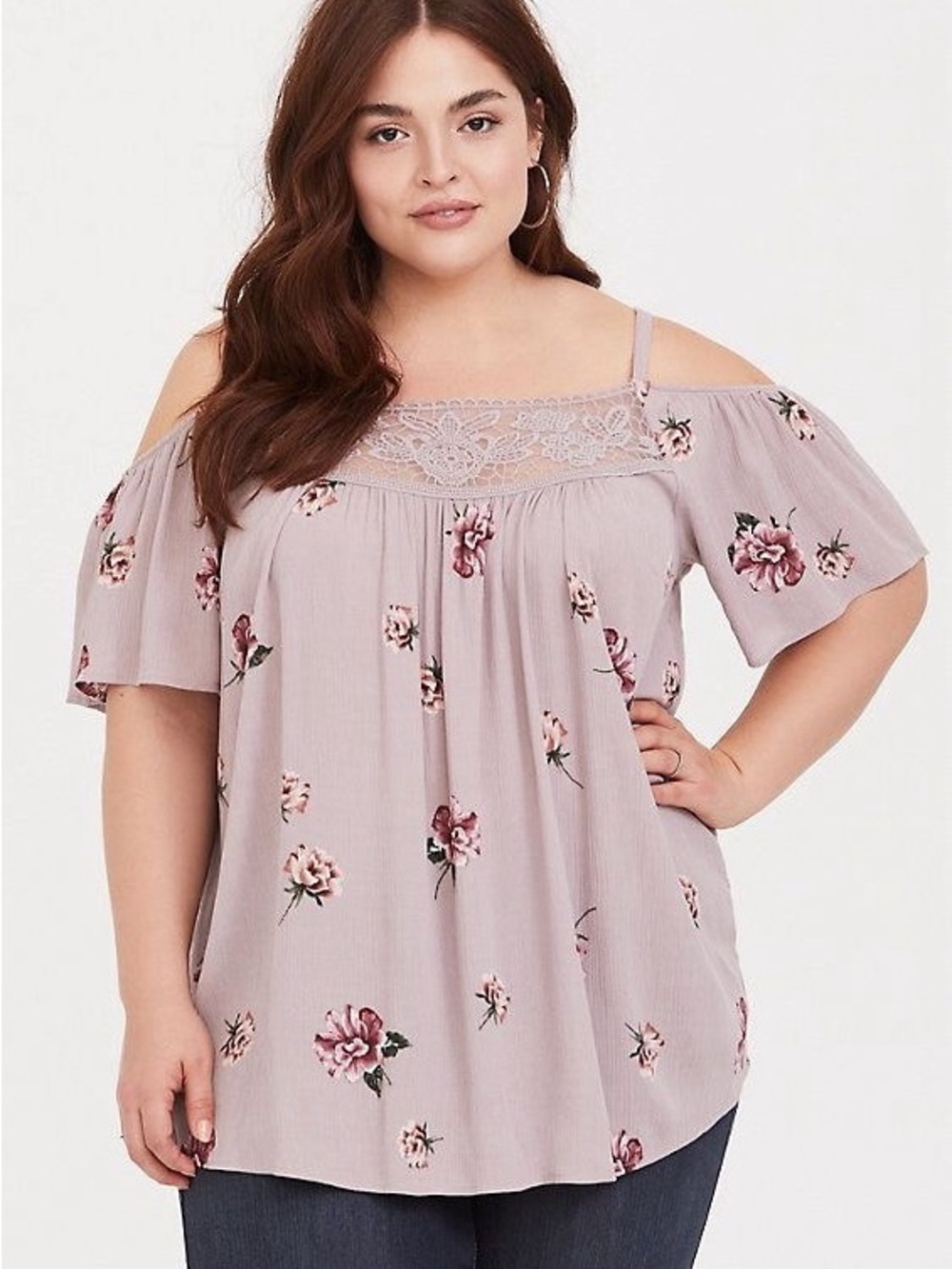 Torrid Lilac Purple Floral Crinkle Gauze Cold Shoulder Blouse size 1